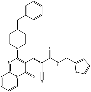 (2E)-3-[2-(4-benzylpiperidin-1-yl)-4-oxo-4H-pyrido[1,2-a]pyrimidin-3-yl]-2-cyano-N-(furan-2-ylmethyl)prop-2-enamide 结构式