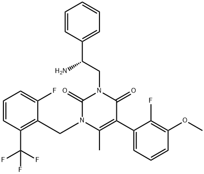 3-[(2R)-2-氨基-2-苯基乙基]-5-(2-氟-3-甲氧基苯基)-1-[[2-氟-6-(三氟甲基)苯基]甲基]-6-甲基-2,4(1H,3H)-嘧啶二酮 结构式