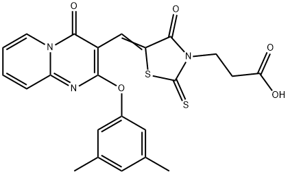 3-[(5Z)-5-{[2-(3,5-dimethylphenoxy)-4-oxo-4H-pyrido[1,2-a]pyrimidin-3-yl]methylidene}-4-oxo-2-thioxo-1,3-thiazolidin-3-yl]propanoic acid 结构式