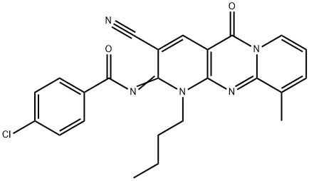N-(1-butyl-3-cyano-10-methyl-5-oxo-1,5-dihydro-2H-dipyrido[1,2-a:2,3-d]pyrimidin-2-ylidene)-4-chlorobenzamide 结构式