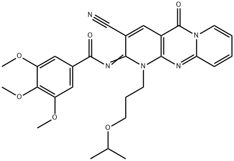 N-{(2E)-3-cyano-5-oxo-1-[3-(propan-2-yloxy)propyl]-1,5-dihydro-2H-dipyrido[1,2-a:2',3'-d]pyrimidin-2-ylidene}-3,4,5-trimethoxybenzamide 结构式