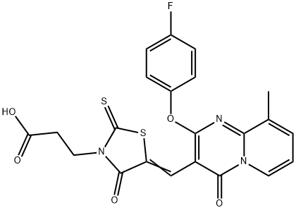 3-[(5Z)-5-{[2-(4-fluorophenoxy)-9-methyl-4-oxo-4H-pyrido[1,2-a]pyrimidin-3-yl]methylidene}-4-oxo-2-thioxo-1,3-thiazolidin-3-yl]propanoic acid 结构式