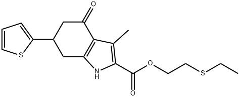 2-(ethylthio)ethyl 3-methyl-4-oxo-6-(thiophen-2-yl)-4,5,6,7-tetrahydro-1H-indole-2-carboxylate 结构式