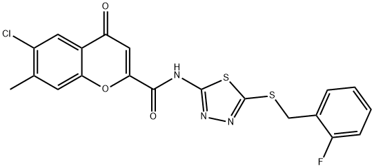 6-chloro-N-{5-[(2-fluorobenzyl)sulfanyl]-1,3,4-thiadiazol-2-yl}-7-methyl-4-oxo-4H-chromene-2-carboxamide 结构式