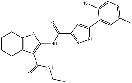 N-{3-[(ethylamino)carbonyl]-4,5,6,7-tetrahydro-1-benzothien-2-yl}-3-(2-hydroxy-5-methylphenyl)-1H-pyrazole-5-carboxamide 结构式