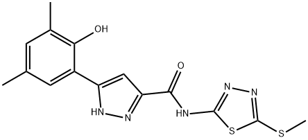 3-(2-hydroxy-3,5-dimethylphenyl)-N-[5-(methylsulfanyl)-1,3,4-thiadiazol-2-yl]-1H-pyrazole-5-carboxamide 结构式
