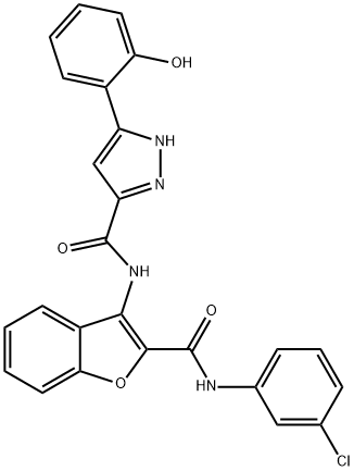 N-{2-[(3-chlorophenyl)carbamoyl]-1-benzofuran-3-yl}-5-(2-hydroxyphenyl)-1H-pyrazole-3-carboxamide 结构式