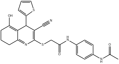 N-(4-acetamidophenyl)-2-((3-cyano-5-hydroxy-4-(thiophen-2-yl)-4,6,7,8-tetrahydroquinolin-2-yl)thio)acetamide 结构式