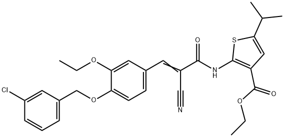 (E)-ethyl 2-(3-(4-((3-chlorobenzyl)oxy)-3-ethoxyphenyl)-2-cyanoacrylamido)-5-isopropylthiophene-3-carboxylate 结构式