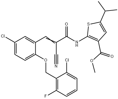 (E)-methyl 2-(3-(5-chloro-2-((2-chloro-6-fluorobenzyl)oxy)phenyl)-2-cyanoacrylamido)-5-isopropylthiophene-3-carboxylate 结构式