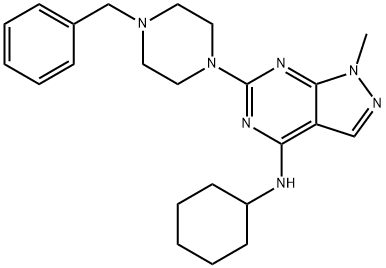 6-(4-benzylpiperazin-1-yl)-N-cyclohexyl-1-methyl-1H-pyrazolo[3,4-d]pyrimidin-4-amine 结构式