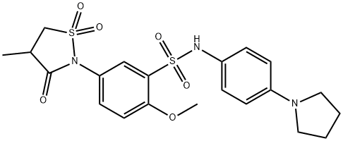 2-methoxy-5-(4-methyl-1,1-dioxido-3-oxo-1,2-thiazolidin-2-yl)-N-[4-(pyrrolidin-1-yl)phenyl]benzenesulfonamide 结构式