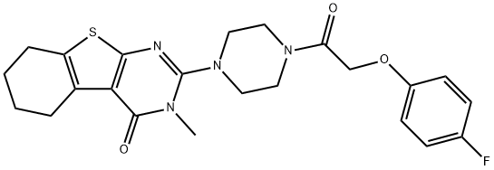 2-{4-[(4-fluorophenoxy)acetyl]piperazin-1-yl}-3-methyl-5,6,7,8-tetrahydro[1]benzothieno[2,3-d]pyrimidin-4(3H)-one 结构式