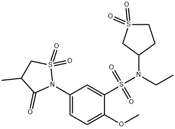 N-(1,1-dioxidotetrahydrothiophen-3-yl)-N-ethyl-2-methoxy-5-(4-methyl-1,1-dioxido-3-oxo-1,2-thiazolidin-2-yl)benzenesulfonamide 结构式