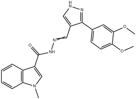 (E)-N'-((3-(3,4-dimethoxyphenyl)-1H-pyrazol-4-yl)methylene)-1-methyl-1H-indole-3-carbohydrazide 结构式