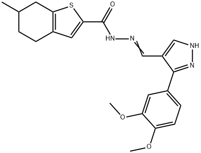 (E)-N'-((3-(3,4-dimethoxyphenyl)-1H-pyrazol-4-yl)methylene)-6-methyl-4,5,6,7-tetrahydrobenzo[b]thiophene-2-carbohydrazide 结构式