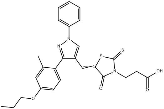 3-[(5Z)-5-{[3-(2-methyl-4-propoxyphenyl)-1-phenyl-1H-pyrazol-4-yl]methylidene}-4-oxo-2-thioxo-1,3-thiazolidin-3-yl]propanoic acid 结构式