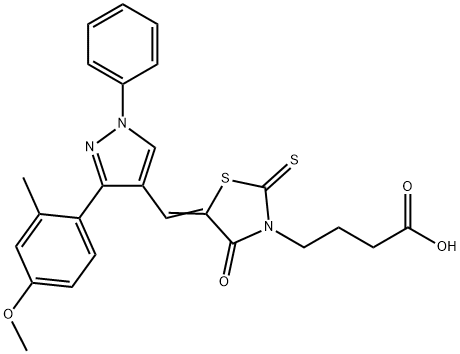 4-[(5Z)-5-{[3-(4-methoxy-2-methylphenyl)-1-phenyl-1H-pyrazol-4-yl]methylidene}-4-oxo-2-thioxo-1,3-thiazolidin-3-yl]butanoic acid 结构式