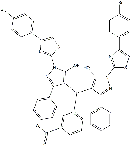 4,4'-[(3-nitrophenyl)methylene]bis{1-[4-(4-bromophenyl)-1,3-thiazol-2-yl]-3-phenyl-1H-pyrazol-5-ol} 结构式