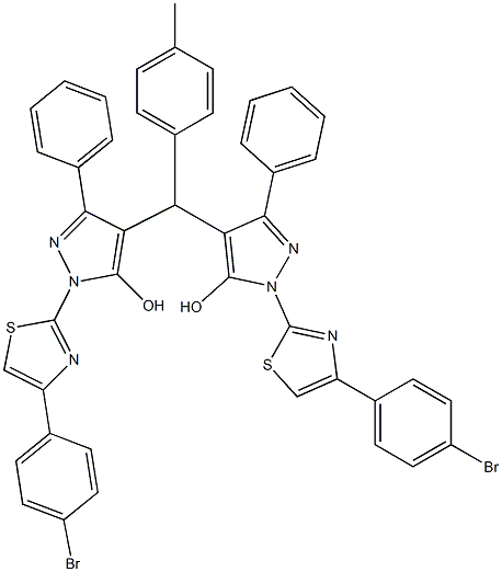 4,4'-[(4-methylphenyl)methylene]bis{1-[4-(4-bromophenyl)-1,3-thiazol-2-yl]-3-phenyl-1H-pyrazol-5-ol} 结构式