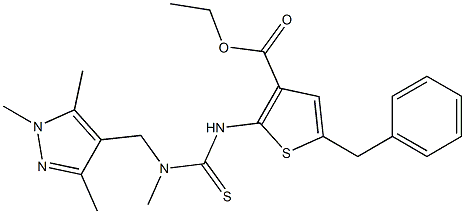 ethyl 5-benzyl-2-(3-methyl-3-((1,3,5-trimethyl-1H-pyrazol-4-yl)methyl)thioureido)thiophene-3-carboxylate 结构式