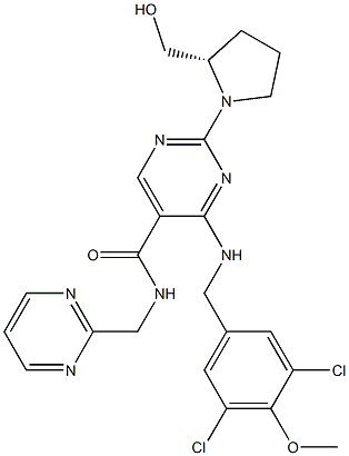 (S)-4-((3,5-dichloro-4-methoxybenzyl)amino)-2-(2-(hydroxymethyl)pyrrolidin-1-yl)-N-(pyrimidin-2-ylmethyl)pyrimidine-5-carboxamide 结构式