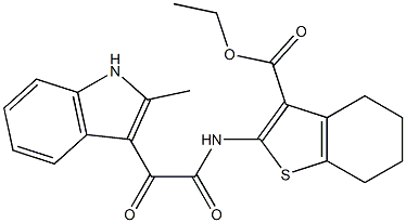 ethyl 2-(2-(2-methyl-1H-indol-3-yl)-2-oxoacetamido)-4,5,6,7-tetrahydrobenzo[b]thiophene-3-carboxylate 结构式