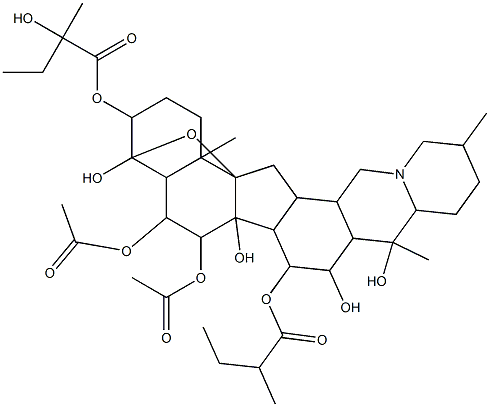 5,6-bis(acetyloxy)-4,6a,8,9-tetrahydroxy-9,12,16b-trimethyl-7-[(2-methylbutanoyl)oxy]docosahydro-2H-4,16a-epoxybenzo[4,5]indeno[1,2-h]pyrido[1,2-b]isoquinolin-3-yl 2-hydroxy-2-methylbutanoate 结构式