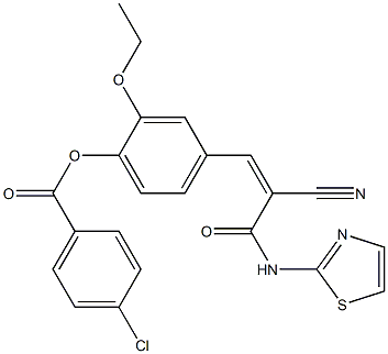 (Z)-4-(2-cyano-3-oxo-3-(thiazol-2-ylamino)prop-1-en-1-yl)-2-ethoxyphenyl 4-chlorobenzoate 结构式