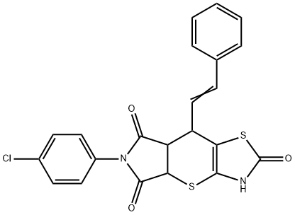 6-(4-chlorophenyl)-8-(2-phenylvinyl)-3,4a,7a,8-tetrahydropyrrolo[3',4':5,6]thiopyrano[2,3-d][1,3]thiazole-2,5,7(6H)-trione 结构式