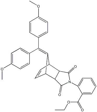 ethyl 2-{10-[bis(4-methoxyphenyl)methylene]-3,5-dioxo-4-azatricyclo[5.2.1.0~2,6~]dec-8-en-4-yl}benzoate 结构式