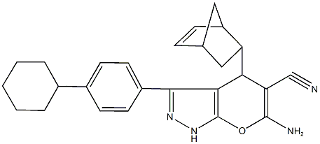 6-amino-4-bicyclo[2.2.1]hept-5-en-2-yl-3-(4-cyclohexylphenyl)-1,4-dihydropyrano[2,3-c]pyrazole-5-carbonitrile 结构式