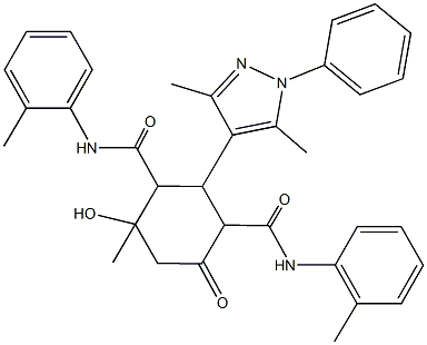 2-(3,5-dimethyl-1-phenyl-1H-pyrazol-4-yl)-4-hydroxy-4-methyl-N~1~,N~3~-bis(2-methylphenyl)-6-oxo-1,3-cyclohexanedicarboxamide 结构式