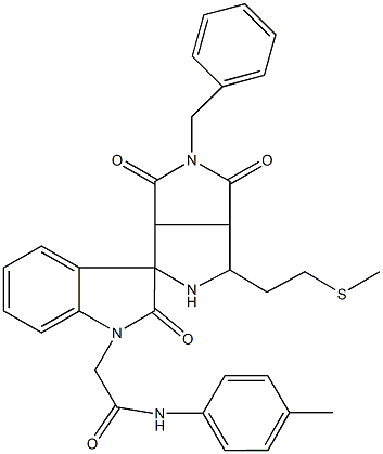 N-(4-methylphenyl)-2-(2'-benzyl-2,3,3'a,4',6',6'a-hexahydro-4'-[2-{methylsulfanyl}ethyl]-1',2,3'(2'H,3'aH)-trioxospiro{1H-indole-3,6'-pyrrolo[3,4-c]pyrrole}-1-yl)acetamide 结构式