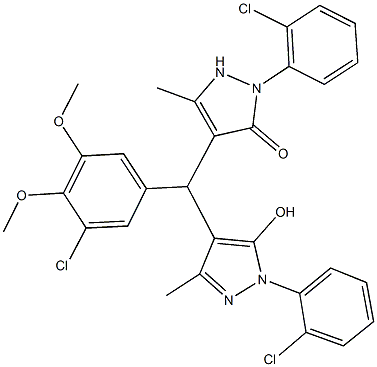 4-{(3-chloro-4,5-dimethoxyphenyl)[1-(2-chlorophenyl)-5-hydroxy-3-methyl-1H-pyrazol-4-yl]methyl}-2-(2-chlorophenyl)-5-methyl-1,2-dihydro-3H-pyrazol-3-one 结构式