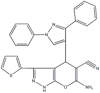 6-amino-4-(1,3-diphenyl-1H-pyrazol-4-yl)-3-(2-thienyl)-1,4-dihydropyrano[2,3-c]pyrazole-5-carbonitrile 结构式