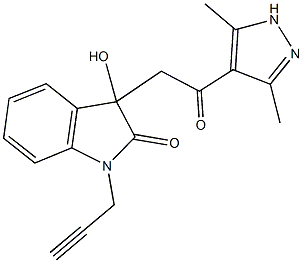 3-[2-(3,5-dimethyl-1H-pyrazol-4-yl)-2-oxoethyl]-3-hydroxy-1-(2-propynyl)-1,3-dihydro-2H-indol-2-one 结构式