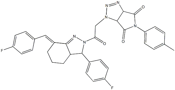 1-{2-[7-(4-fluorobenzylidene)-3-(4-fluorophenyl)-3,3a,4,5,6,7-hexahydro-2H-indazol-2-yl]-2-oxoethyl}-5-(4-methylphenyl)-3a,6a-dihydropyrrolo[3,4-d][1,2,3]triazole-4,6(1H,5H)-dione 结构式