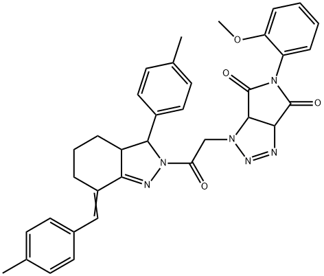 5-(2-methoxyphenyl)-1-{2-[7-(4-methylbenzylidene)-3-(4-methylphenyl)-3,3a,4,5,6,7-hexahydro-2H-indazol-2-yl]-2-oxoethyl}-3a,6a-dihydropyrrolo[3,4-d][1,2,3]triazole-4,6(1H,5H)-dione 结构式