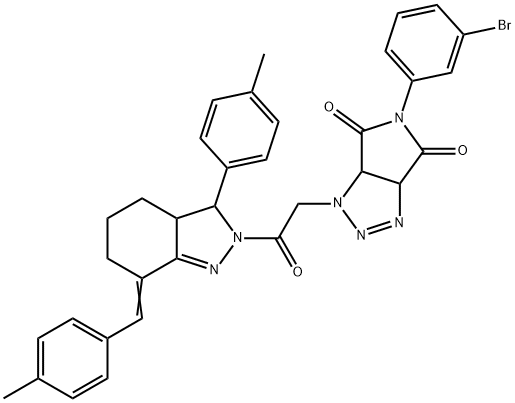 5-(3-bromophenyl)-1-{2-[7-(4-methylbenzylidene)-3-(4-methylphenyl)-3,3a,4,5,6,7-hexahydro-2H-indazol-2-yl]-2-oxoethyl}-3a,6a-dihydropyrrolo[3,4-d][1,2,3]triazole-4,6(1H,5H)-dione 结构式