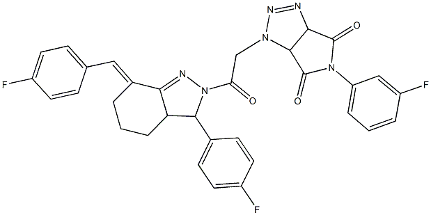 1-{2-[7-(4-fluorobenzylidene)-3-(4-fluorophenyl)-3,3a,4,5,6,7-hexahydro-2H-indazol-2-yl]-2-oxoethyl}-5-(3-fluorophenyl)-3a,6a-dihydropyrrolo[3,4-d][1,2,3]triazole-4,6(1H,5H)-dione 结构式