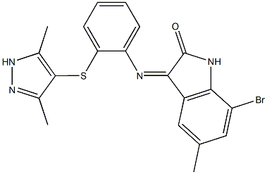 7-bromo-3-({2-[(3,5-dimethyl-1H-pyrazol-4-yl)sulfanyl]phenyl}imino)-5-methyl-1,3-dihydro-2H-indol-2-one 结构式