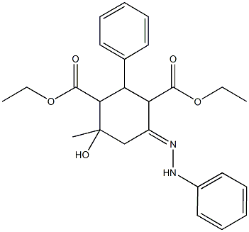 diethyl 4-hydroxy-4-methyl-2-phenyl-6-(phenylhydrazono)-1,3-cyclohexanedicarboxylate 结构式