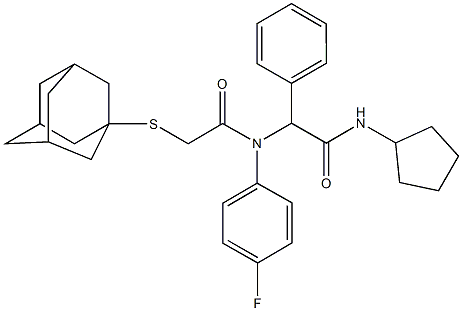 2-{[(1-adamantylsulfanyl)acetyl]-4-fluoroanilino}-N-cyclopentyl-2-phenylacetamide 结构式