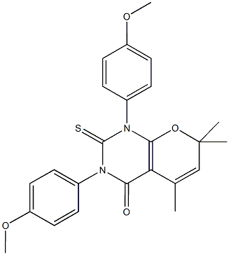 1,3-bis(4-methoxyphenyl)-5,7,7-trimethyl-2-thioxo-1,2,3,7-tetrahydro-4H-pyrano[2,3-d]pyrimidin-4-one 结构式