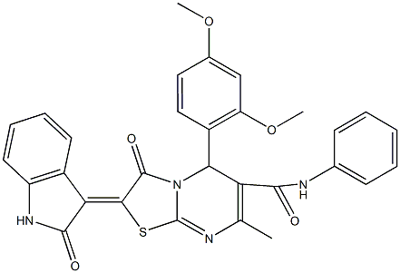 5-(2,4-dimethoxyphenyl)-7-methyl-3-oxo-2-(2-oxo-1,2-dihydro-3H-indol-3-ylidene)-N-phenyl-2,3-dihydro-5H-[1,3]thiazolo[3,2-a]pyrimidine-6-carboxamide 结构式