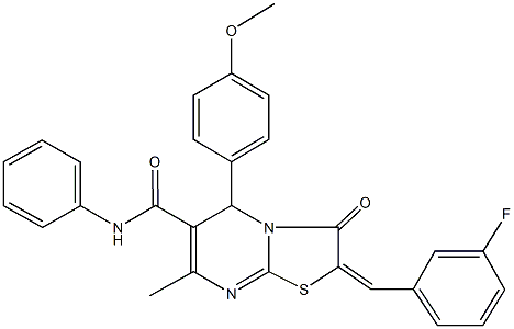 2-(3-fluorobenzylidene)-5-(4-methoxyphenyl)-7-methyl-3-oxo-N-phenyl-2,3-dihydro-5H-[1,3]thiazolo[3,2-a]pyrimidine-6-carboxamide 结构式