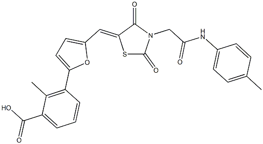 3-[5-({2,4-dioxo-3-[2-oxo-2-(4-toluidino)ethyl]-1,3-thiazolidin-5-ylidene}methyl)-2-furyl]-2-methylbenzoic acid 结构式