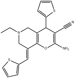 2-amino-6-ethyl-4-(2-thienyl)-8-(2-thienylmethylene)-5,6,7,8-tetrahydro-4H-pyrano[3,2-c]pyridine-3-carbonitrile 结构式