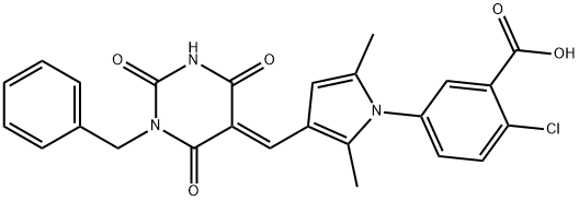 5-{3-[(1-benzyl-2,4,6-trioxotetrahydro-5(2H)-pyrimidinylidene)methyl]-2,5-dimethyl-1H-pyrrol-1-yl}-2-chlorobenzoic acid 结构式